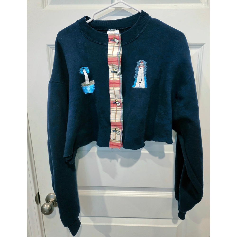 Jerzees Crop Sweatshirt Womens L Navy Cotton Lighthouse Vintage Coastal Festival